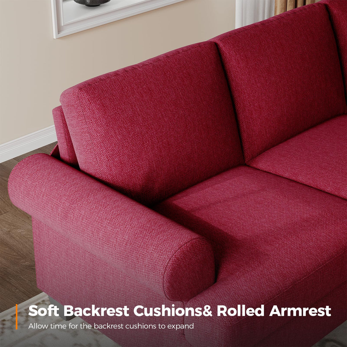 Fadware 91” Sofa Couch, Deep Seat Sofa with Lawson Style Armrests, Modern 3 Seater Sofa with Upholstered Cushion& Backrests, Mid-Century Comfy Couch for Living Room, Apartment, Red Fadware