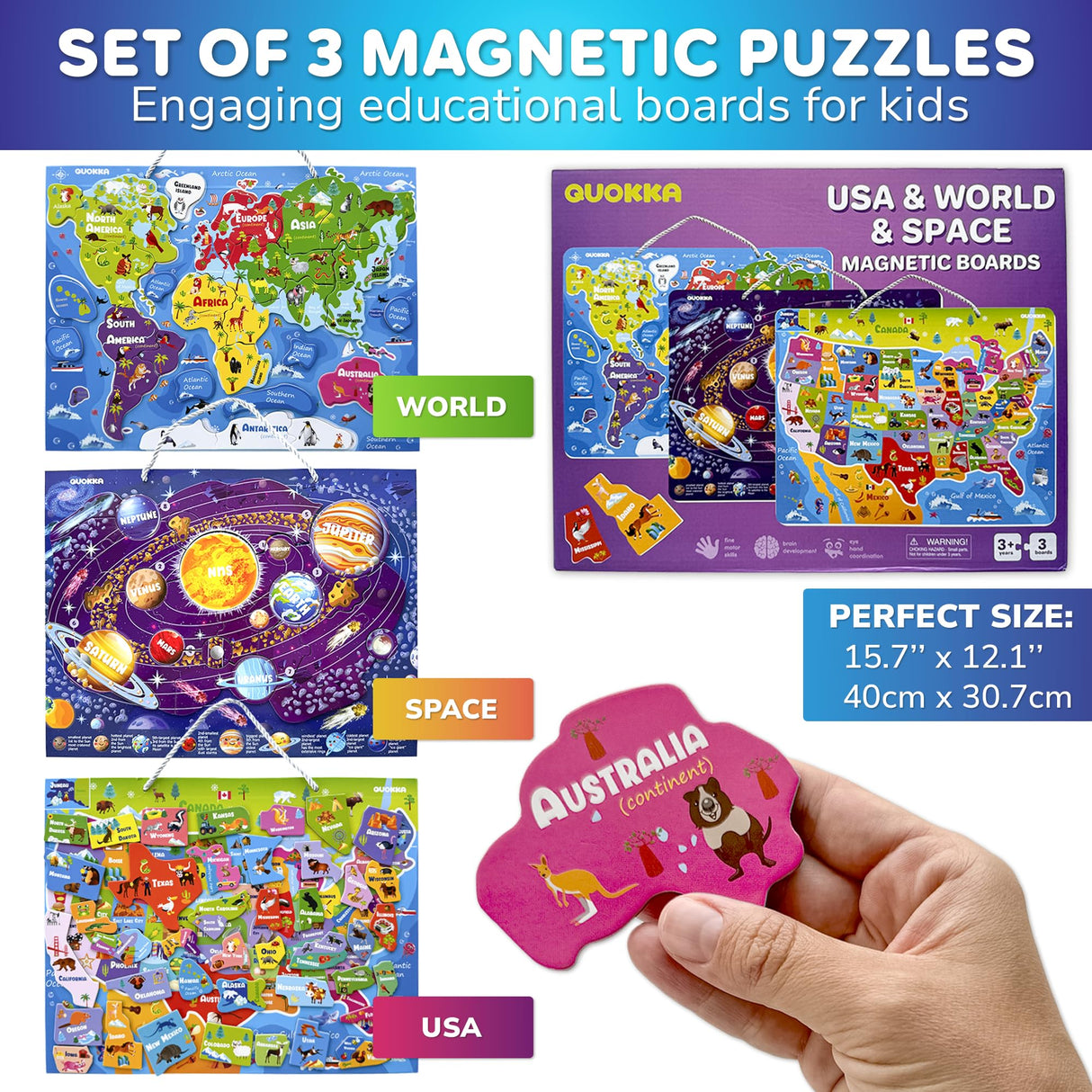 QUOKKA Magnetic Toddler Puzzles Ages 3-5 - 3 Educational Travel Games Puzzles for Kids Ages 4-6 - Space, USA and World Map Learning Toys for Boy and Girl 2-4 Learn United States QUOKKA