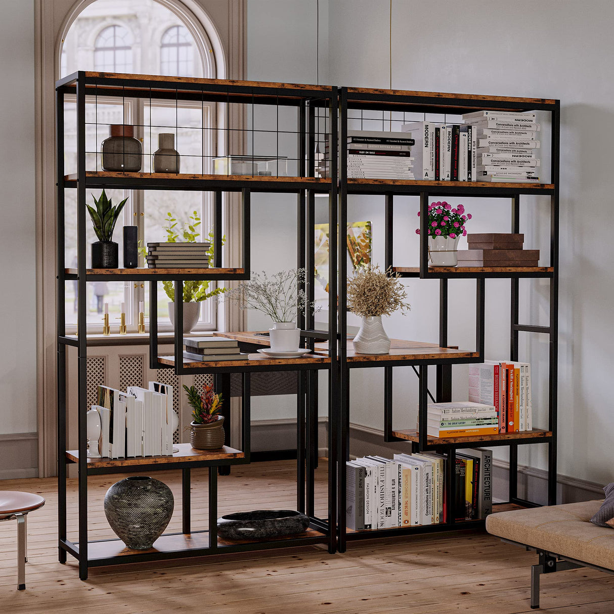 IRONCK Bookshelves 6 Tiers, Industrial Etagere Heavy Duty Shelves for Living Rooom, Office Storage Geomeric Display Boocase, Vintage Brown IRONCK