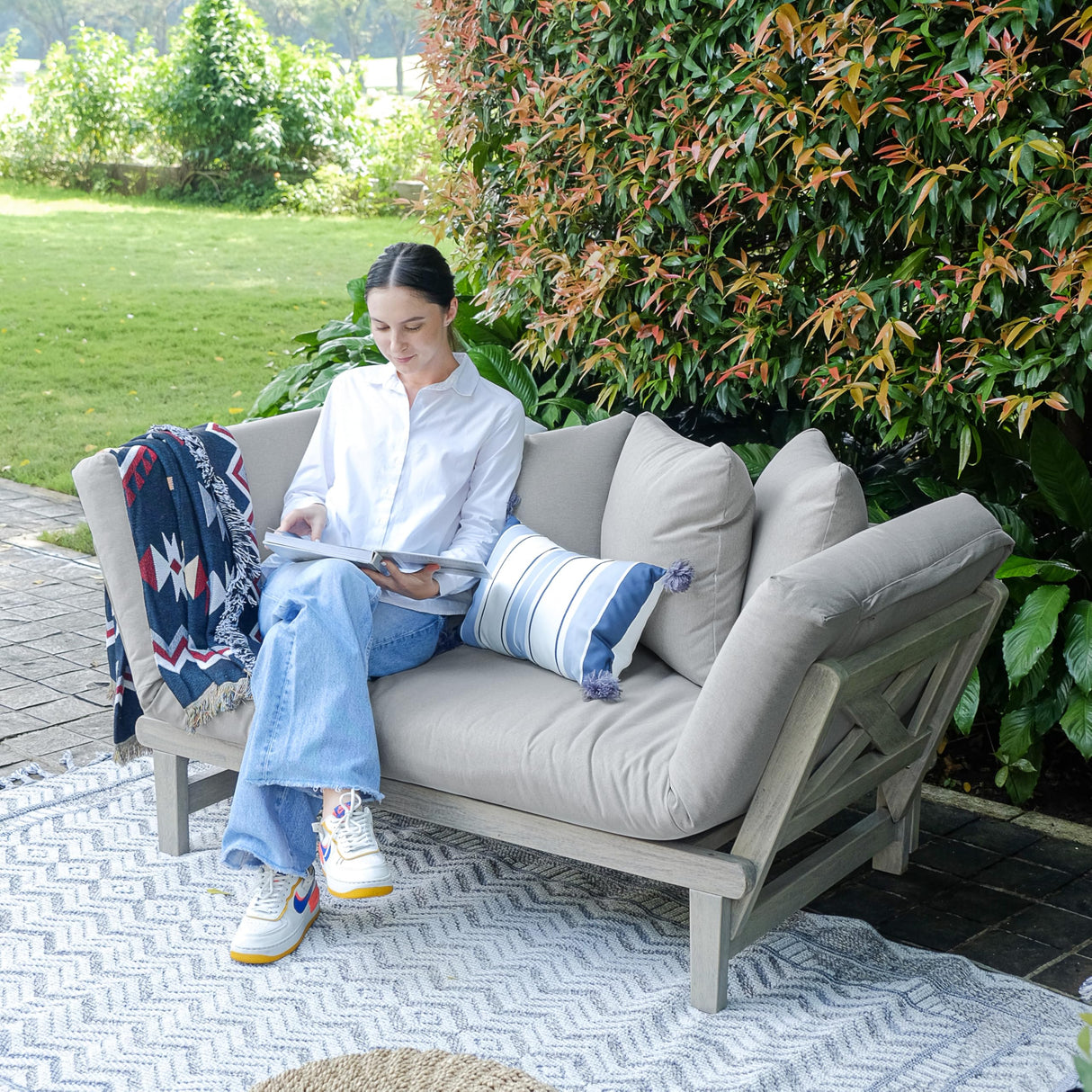 Cambridge Casual West Lake Mahogany Outdoor Convertible Sofa Daybed, Weathered Gray/Oyster Cushion Cambridge Casual