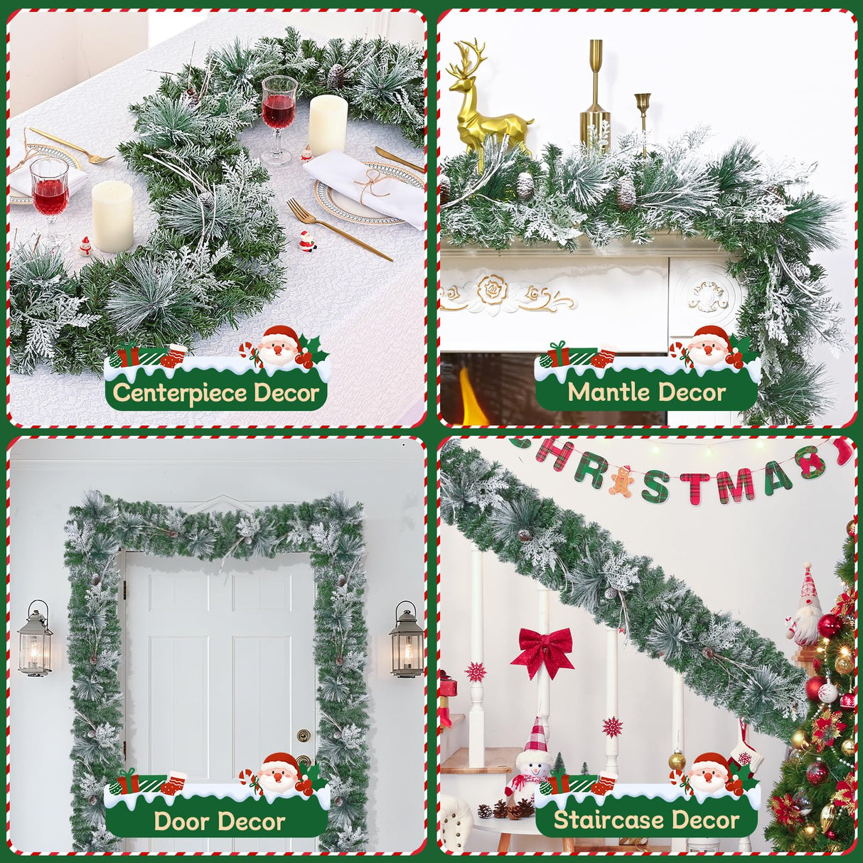 6 FT Christmas Garland with Lights, Artificial Flocked Pine Garland for Mantle, Lighted Garland Real Touch Norfolk Pine with Frost Leaves Pinecones for Indoor Outdoor Christmas Decorations Yastouay