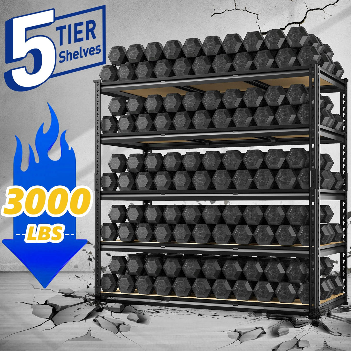 REIBII 48" W Garage Shelving, 3000LBS Storage Shelves Heavy Duty Shelving, 72" H Adjustable Metal Shelves for 5 Tier Garage Shelves Storage Rack Sturdy Industrial Shelving Unit, 72" H x 48" W x 18" D REIBII