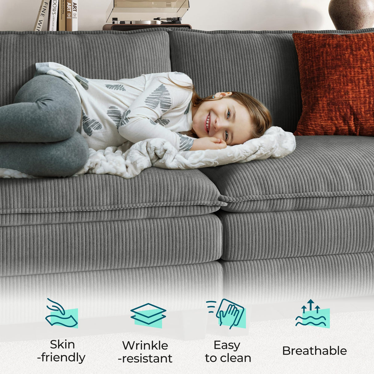 LINSY HOME Modular Sectional Sofa Couch Corduroy Cloud Couches for Living Room, V-Shaped Cloud Couch Sectional Sofas for Bedroom and Apartment, Grey LINSY HOME