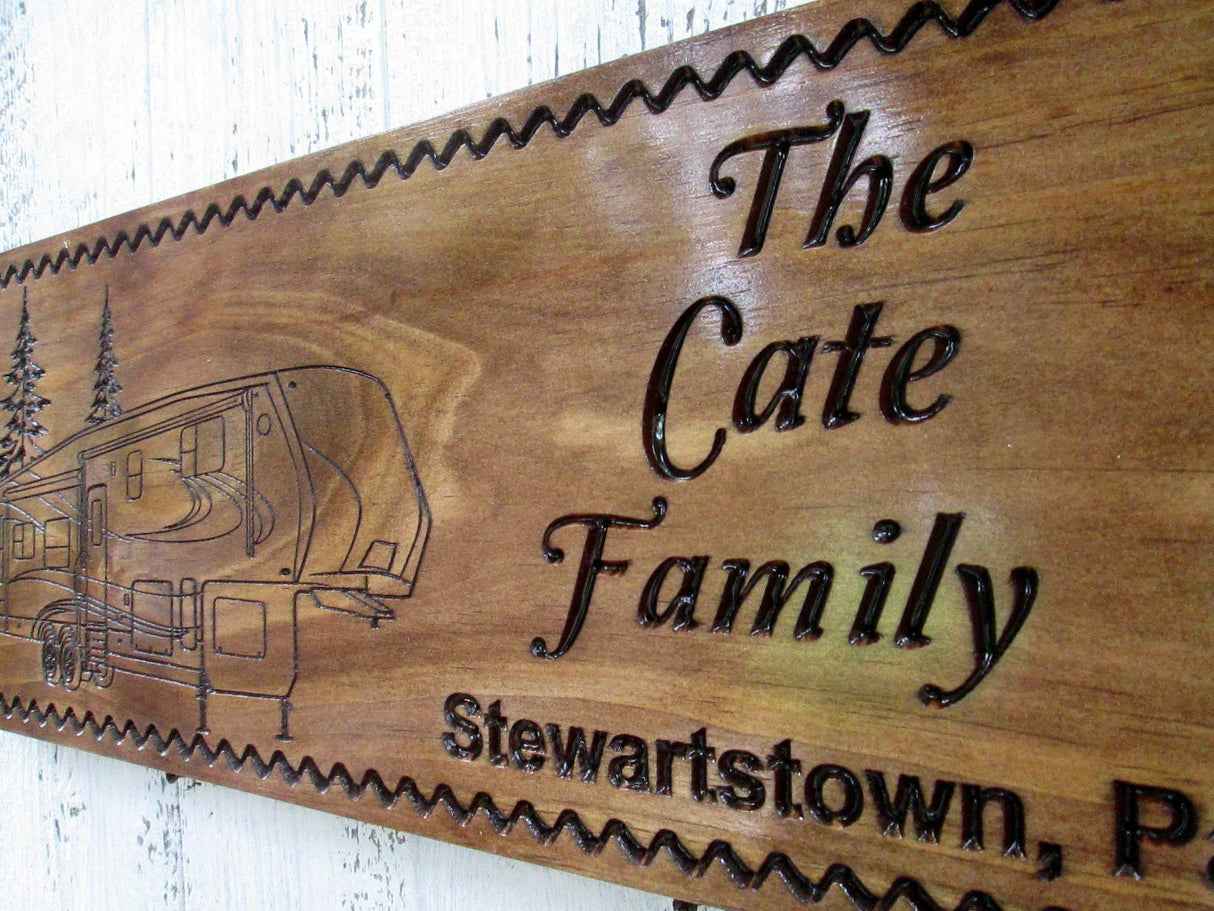 Custom Camping Sign with a 5th Wheel Camper, Personalized Camper Sign, Custom Carved Wooden Signs, C111 Southern Made Signs