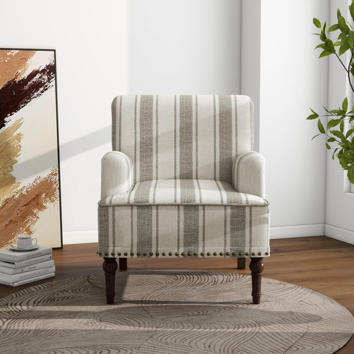 DREAMSIDEA Accent Chair, Mid Century Modern Comfy Armchair for Living Room, Linen Fabric Single Sofa Lounge for Reading Bedroom Apartment Waiting Room with Wood Legs (Brown Stripe, Set of 1) DREAMSIDEA