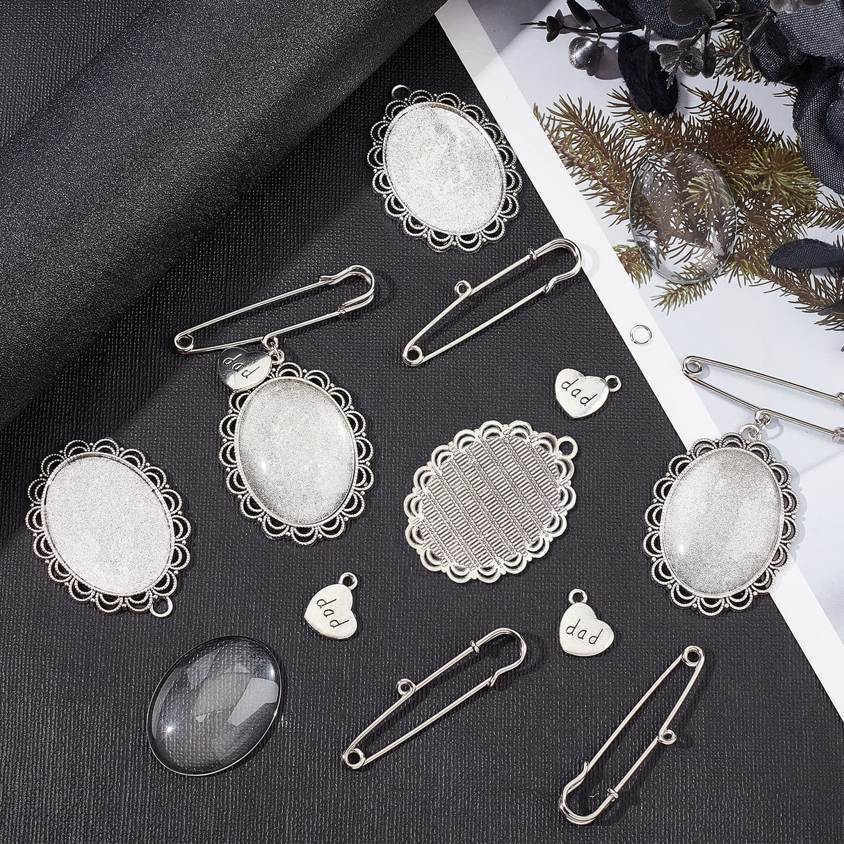 INFUNLY Photo Charm Pin, 6pcs Memorial Picture Charm for Wedding Bridal DIY Pin Brooch Making Kit Oval Lacy Photo Charm for Bridal Shower Wedding Bachelor Party Bride Groom Flowers INFUNLY