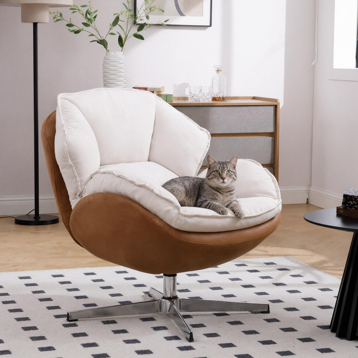 Ya-Home Modern Swivel Accent Chair, Chenille Upholstered Leisure Chair with Cozy Seat Silver Metal Base, Comfy Lounger Armchair Recliner Chair for Living Room Bedroom, 1PC, Beige Ya-Home