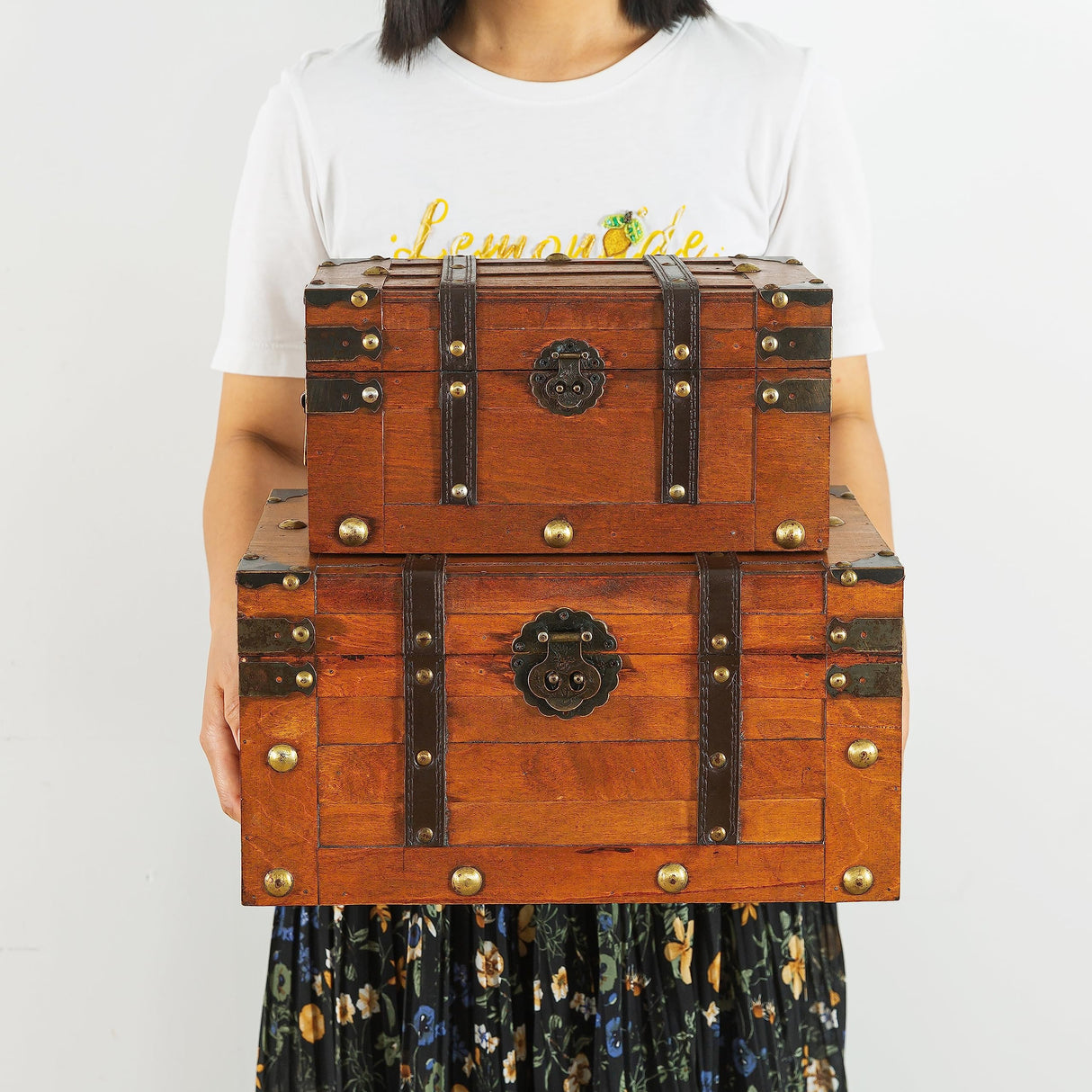 SLPR Alexander Wooden Treasure Chests - Set of 2, Antique Storage Trunks, Decorative Wood Storage Boxes with Hinged Lids for Keepsakes and Home Décor SLPR