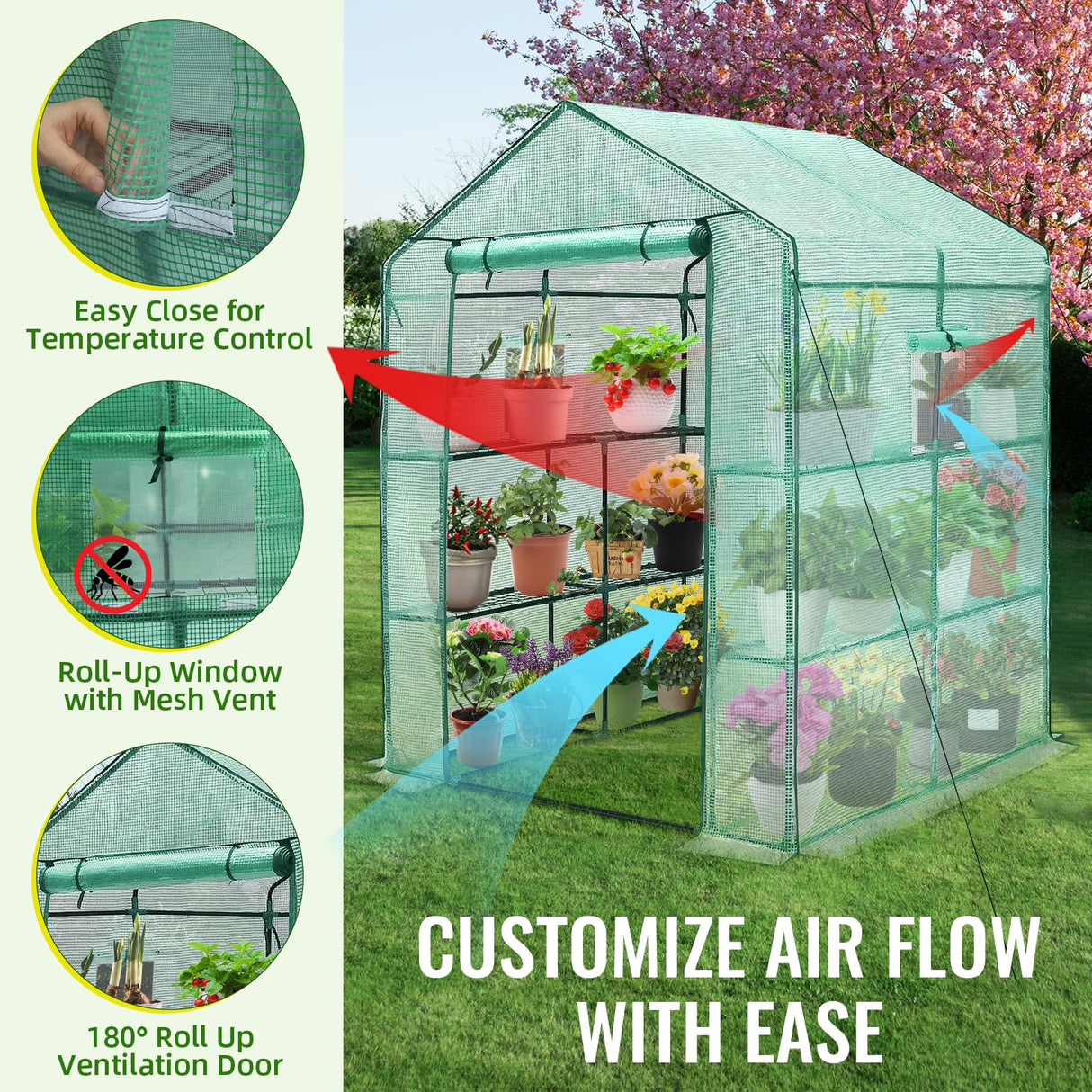 Greengro Greenhouse, 56 x 56 x 75'' Greenhouses for Outdoors, Durable Green House Kit with Window, Thicken PE Cover, 3 Tiers 8 Shelves, Heavy Duty Walk in Green Houses for Indoor Backyard Outside Greengro