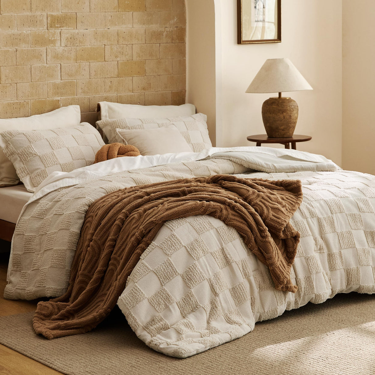Bedsure King Size Comforter Set Beige, Boho Tufted Bed Set, Checkered Farmhouse Shabby Chic Bedding, 3 Pieces, 1 Plaid Geometric Comforter and 2 Pillow Shams Bedsure
