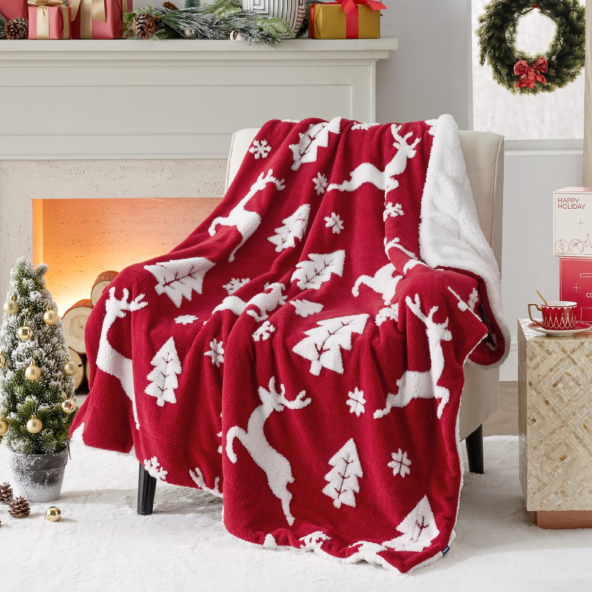 Bedsure Christmas Throw Blanket for Couch - Christmas Decorations Gifts for Women, Warm Sherpa Deer Throw Blanket, Red 50"x60" Bedsure