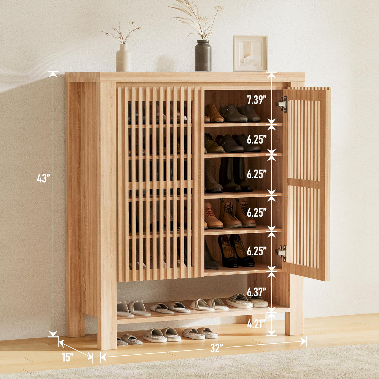 INNOD 43" Tall Shoe Storage Cabinet with Doors, 8-Tier Entryway Shoe Cabinet with Adjustable Shelves, Modern Freestanding Shoes Rack Organizer Cabinet for Entryway Hallway Front Door INNOD