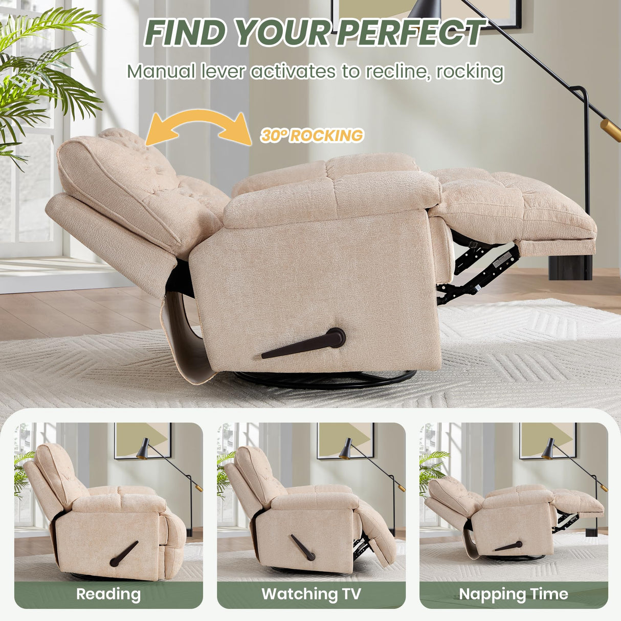 VIKAYAMICS Oversized Rocker Recliner Chair 42” Power Swivel Recliner for Living Room Overstuffed Extra Wide Rocking Recliners with Breathable Soft Fabric Up to 400lbs(Manual Beige) VIKAYAMICS