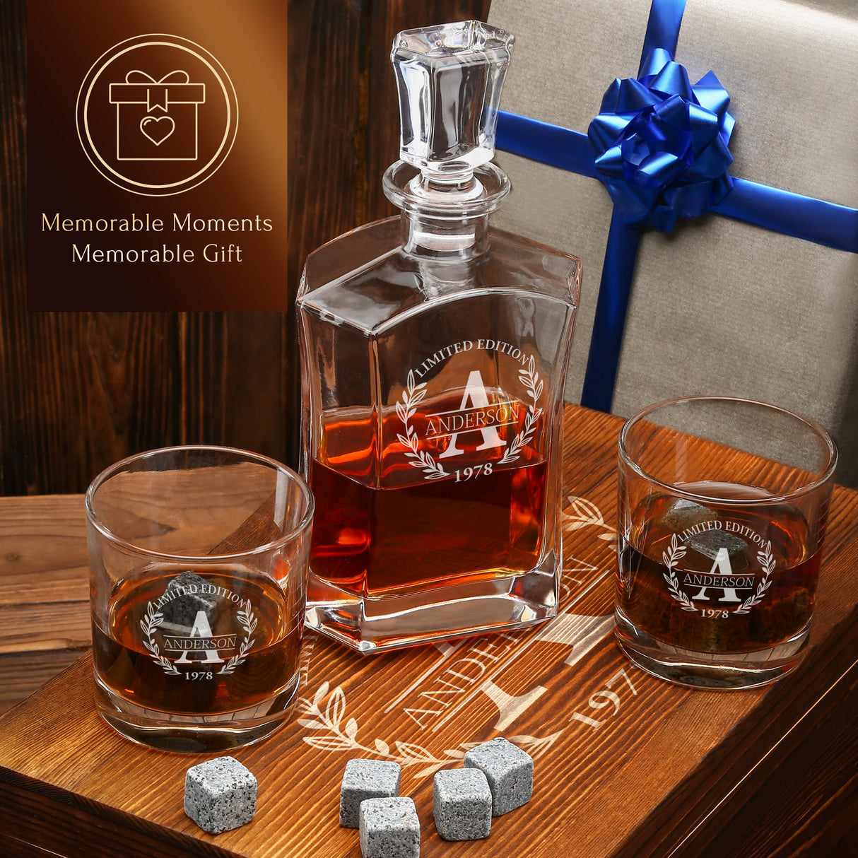 Personalized Whiskey Decanter and Stones Set - Customized Gift for Him - Men, Dad, Father - Engraved Old Fashioned Decanter, Glasses, 9 Granite Stones in Container, Coasters, Tongs in Wooden Gift Box Frolk