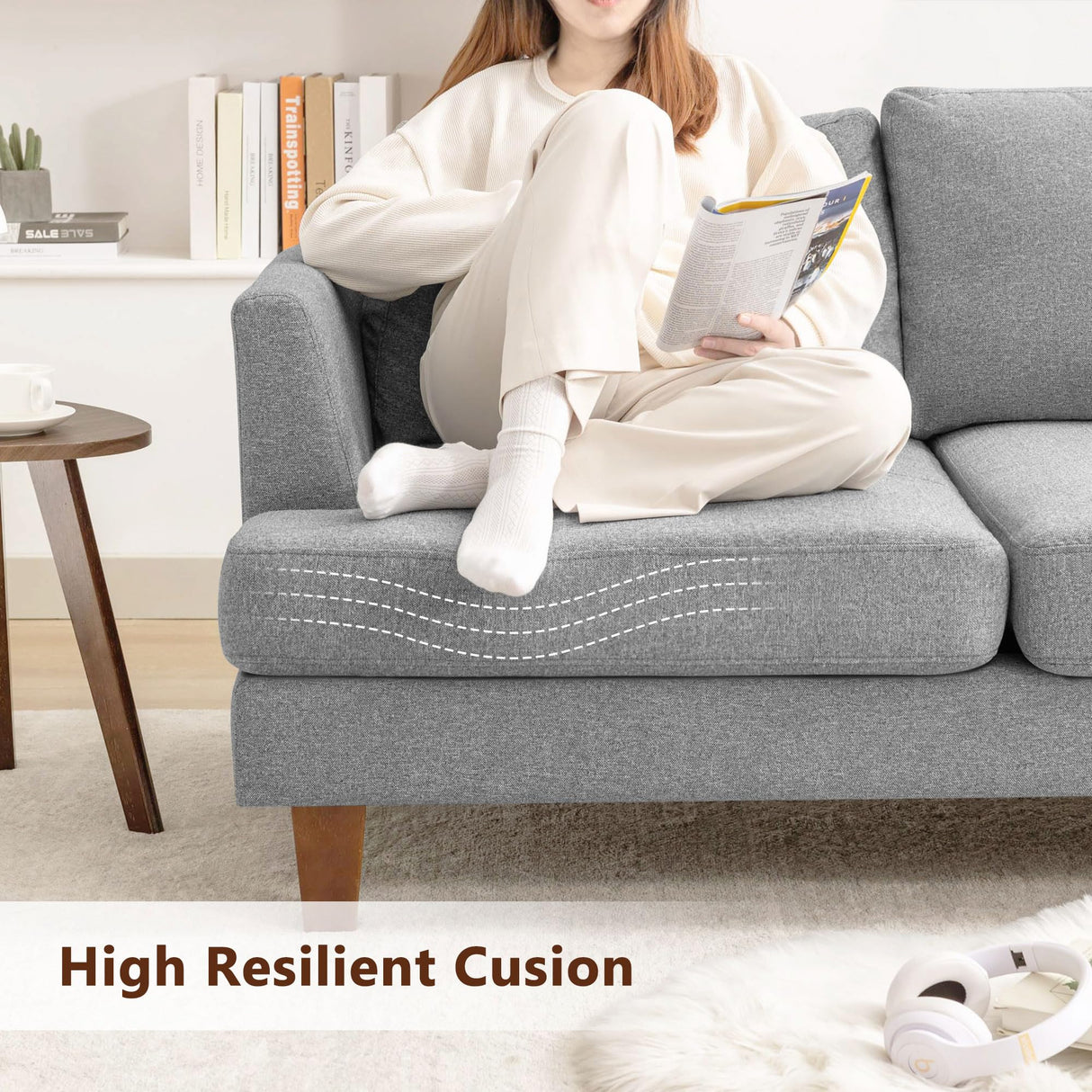 Busaurus 3 Seater Sofa Couch with Deep Seats, 89" Mid Century Modern Upholstered Sofa with Armrests, Comfy Couches for Living Room, Bedroom, Apartment and Office (Grey) Busaurus