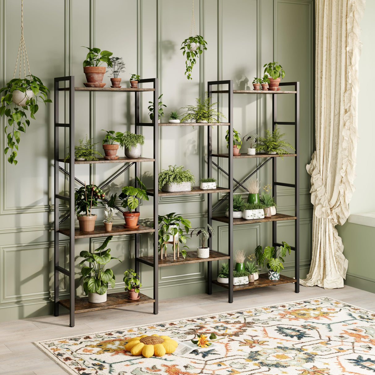 GRUSIGN Triple 4 Tier Book Shelf, Modern Bookcase Shelf, Freestanding Large Display Shelves for Living Room/Office/Garage, Stable Large Bookshelf with Storage for Books/Lego/Plants, Rustic Brown GRUSIGN