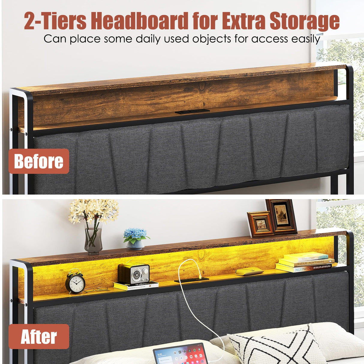 SogesSleep Queen Bed Frame with Headboard, Upholstered Bed Frame Queen Size with Storage and Charging Station & LED Lights, No Box Spring Needed Bed Frame, Noise Free & Easy Assembly SogesSleep