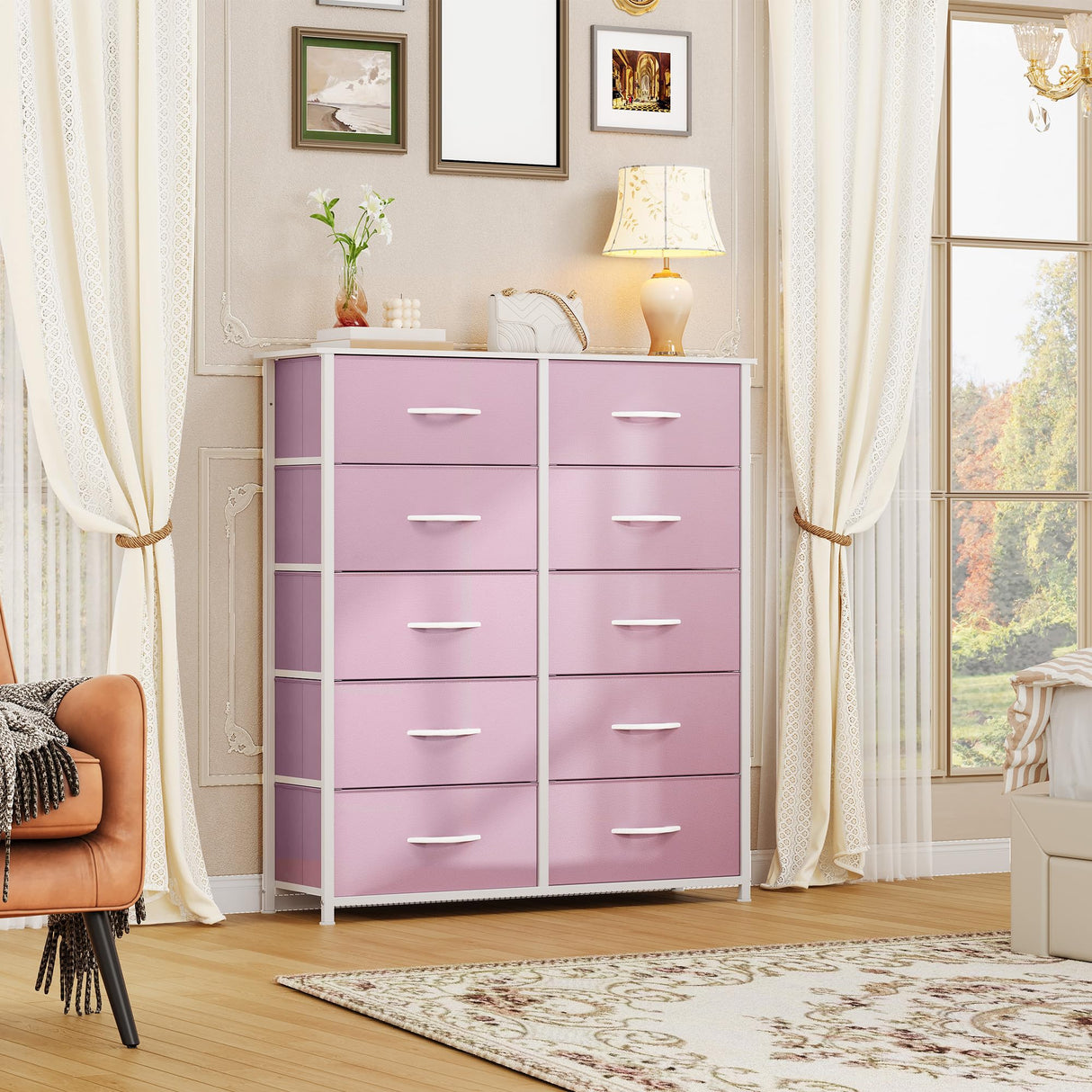 DWVO 10 Drawer Dresser - Fabric Storage Tower, Tall Chest Organizer Unit, Living Room, Hallway, Closets - Sturdy Steel Frame, Wooden Top & Easy Pull Fabric Bins, Pink DWVO