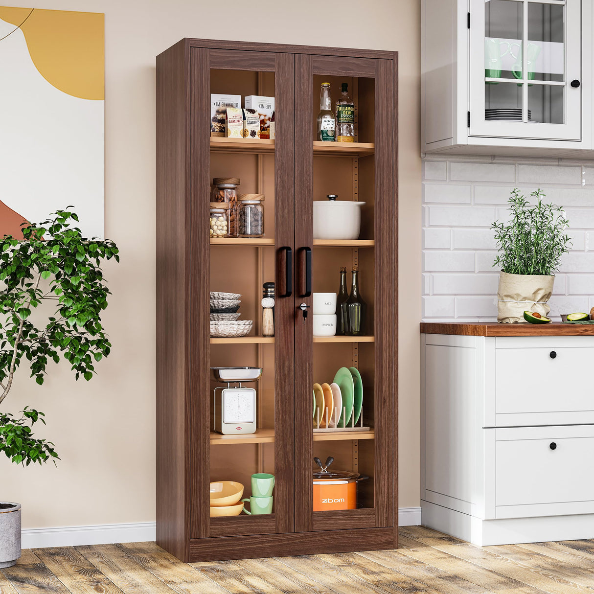 Metal Storage Cabinet with Lock and Glass Doors,Glass Display Cabinet,Tall Storage Cabinets,Locking Curio Cabinets with 5 Shelves for Collectibles,Home,Office,Living Room SISESOL