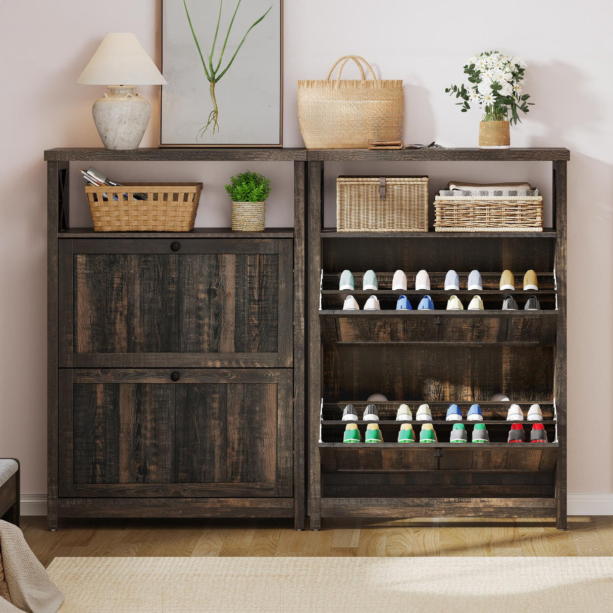 YITAHOME Shoe Cabinet with 2 Flip Drawers, Entryway Shoe Storage Cabinet with Open Shelves, Free Standing Hidden Shoe Rack Storage Organizer for Entryway/Hallway/Closet, Dark Rustic Oak YITAHOME