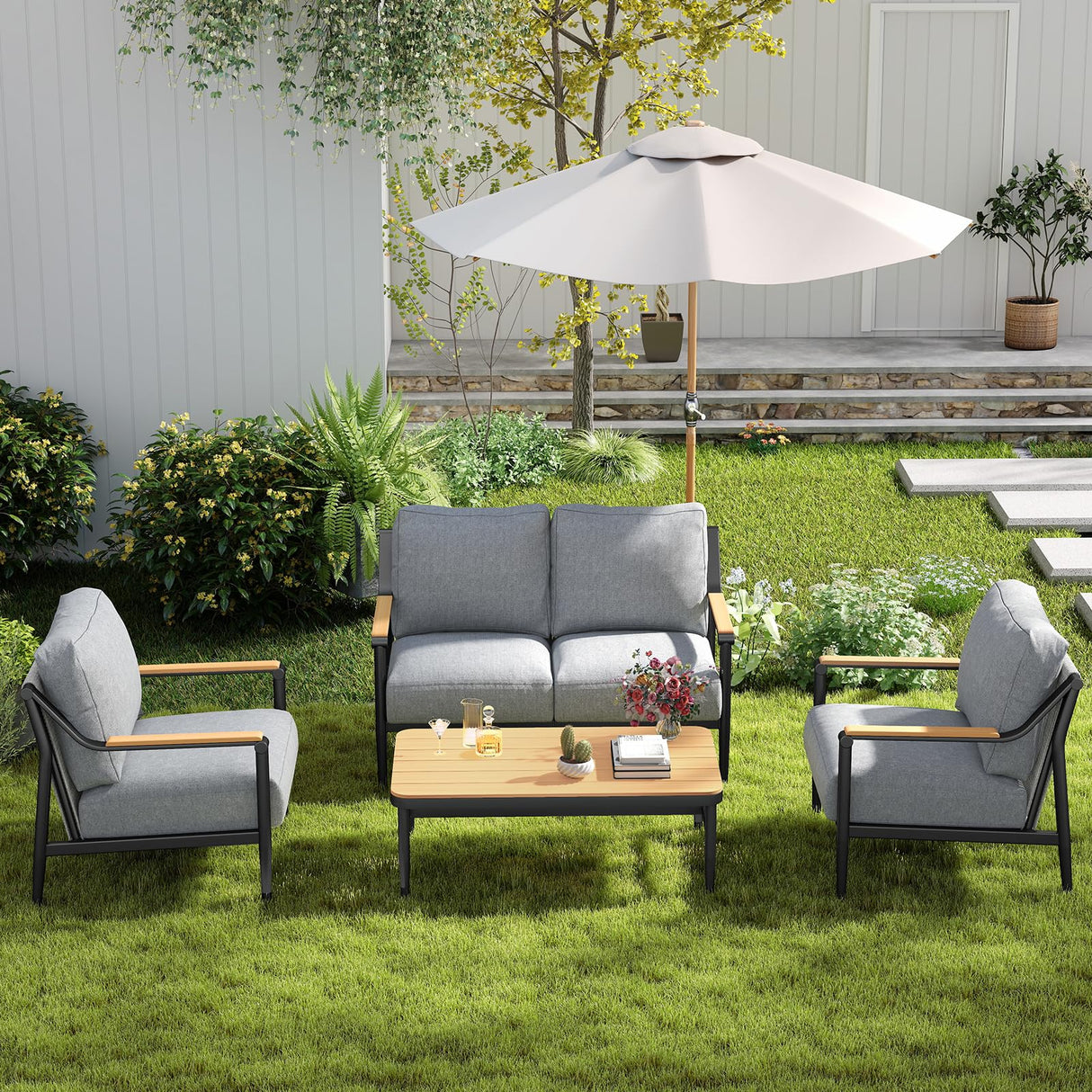 Jocoevol 4 Pieces Outdoor Sofa Conversation Set, 4 Seats Couch Set with Table, Metal Frame Rope Weaving Design UV Resistance Waterproof for Patio Garden Balcony, Grey Jocoevol