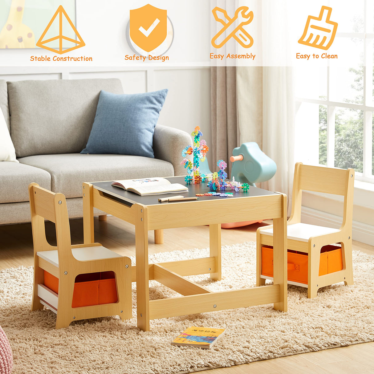 Kids Table and Chair Set, 3 in 1 Wooden Activity Table with Storage Drawer for Toddlers Drawing, Reading, Crafts, Play, 2 in 1 Detachable Tabletop GTOLV