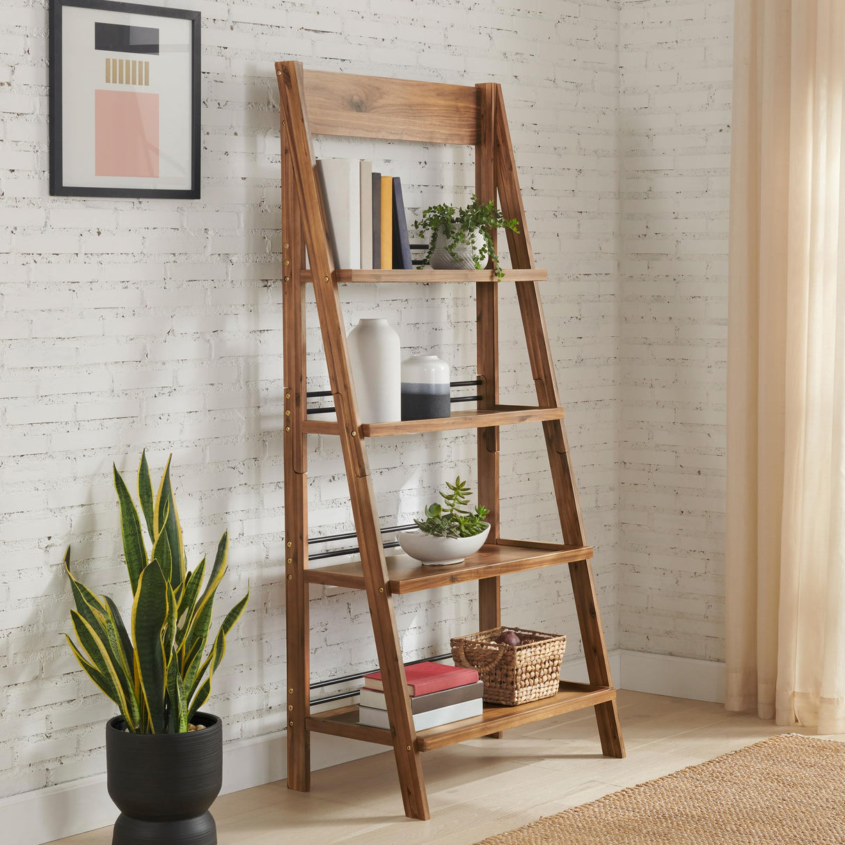 Alaterre Furniture Ladder Bookshelf - Freestanding 4-Tier Bookcase with X-Back Frame - Shelves for Living Room, Kitchen, Bedroom, and Office (Walnut) Alaterre Furniture