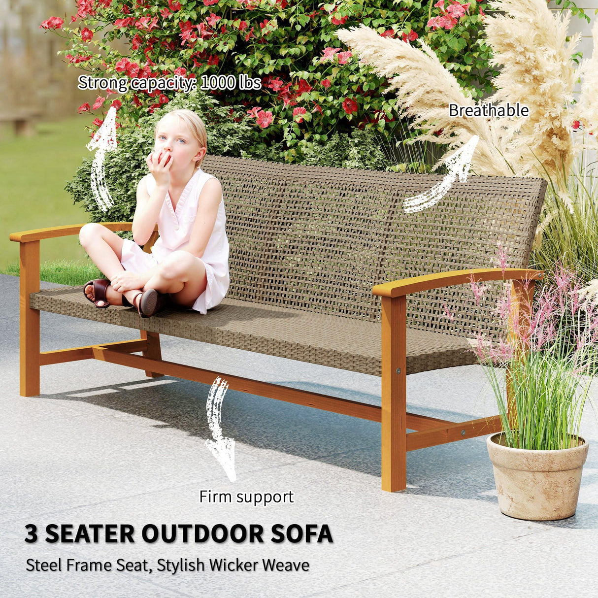 Outsunny Wicker Outdoor Couch, 3-Seat Rattan Outdoor Patio Sofa, 1000 lbs. Capacity, Acacia Wood Patio Furniture Couch with Steel Seat and Armrests for Backyard, Porch, Teak Outsunny