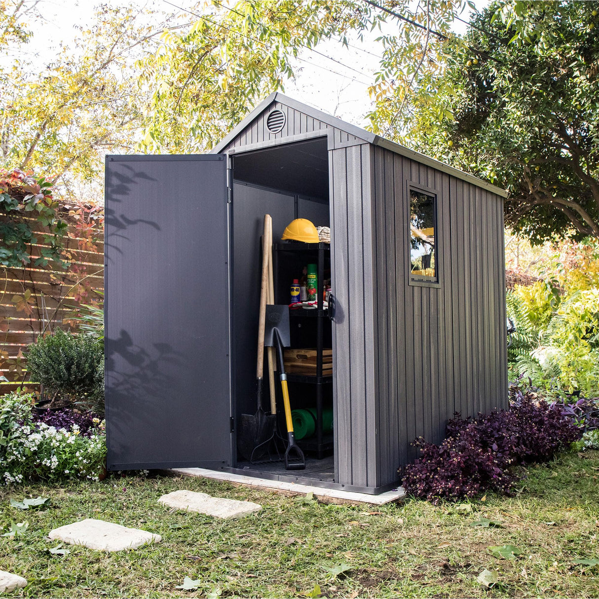 Keter Darwin 4 Ft x 6 Ft Outdoor Garden Tool Storage Shed Durable Resin Organizer with Window, Lockable Door and Built-in Ventilation, Graphite Gray Keter