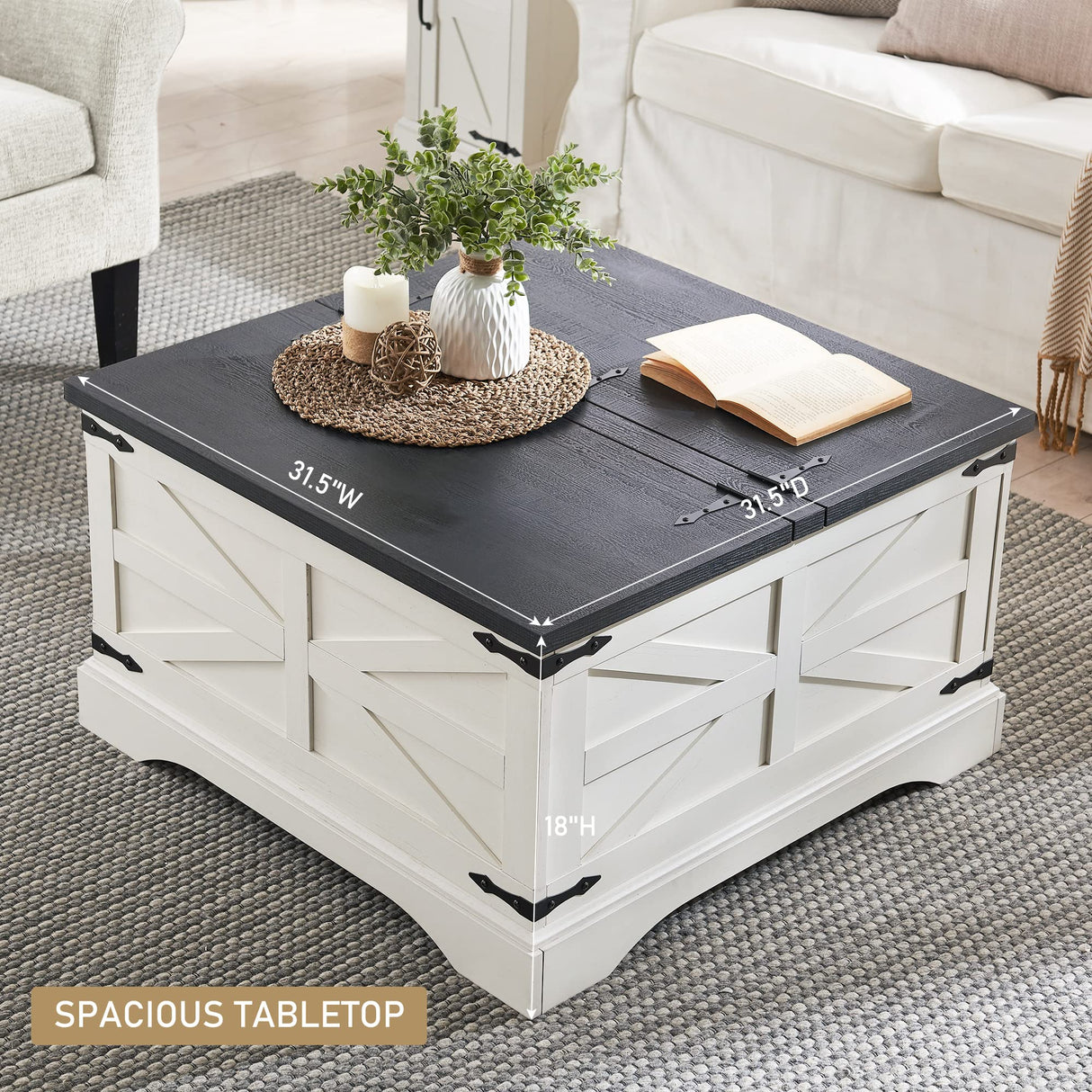 JXQTLINGMU Farmhouse Coffee Table, Square Wood Center Table with Large Hidden Storage Compartment for Living Room, Rustic Cocktail Table with Hinged Lift Top for Home, White JXQTLINGMU