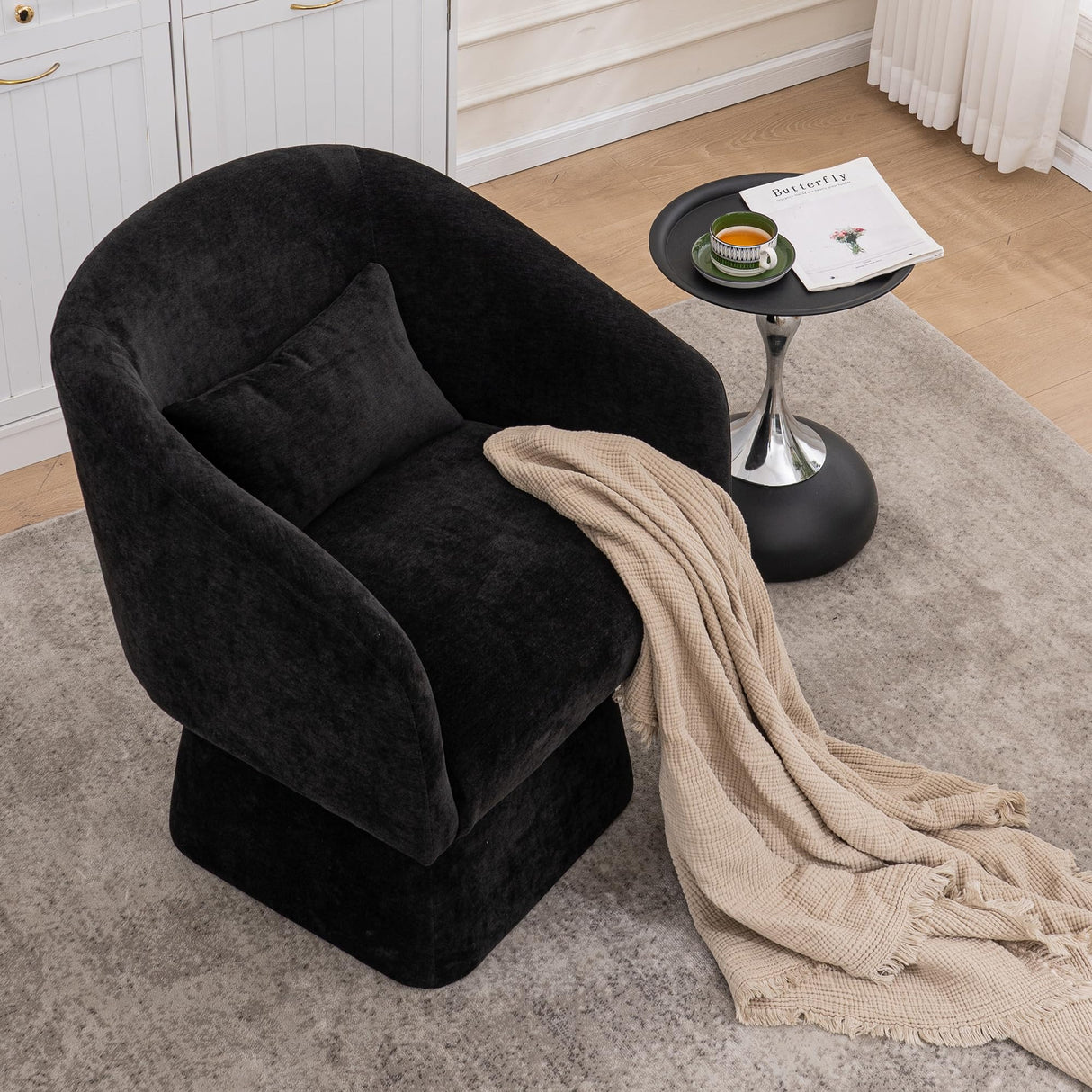 IHDKO 34" Swivel Barrel Chairs Set of 2, Modern Swivel Accent Chair with 360° Rotation Design, Ergonomics Design, Chenille Small Armchair with Backrest for Living Room, Bedroom, Reception Room, Black IHDKO