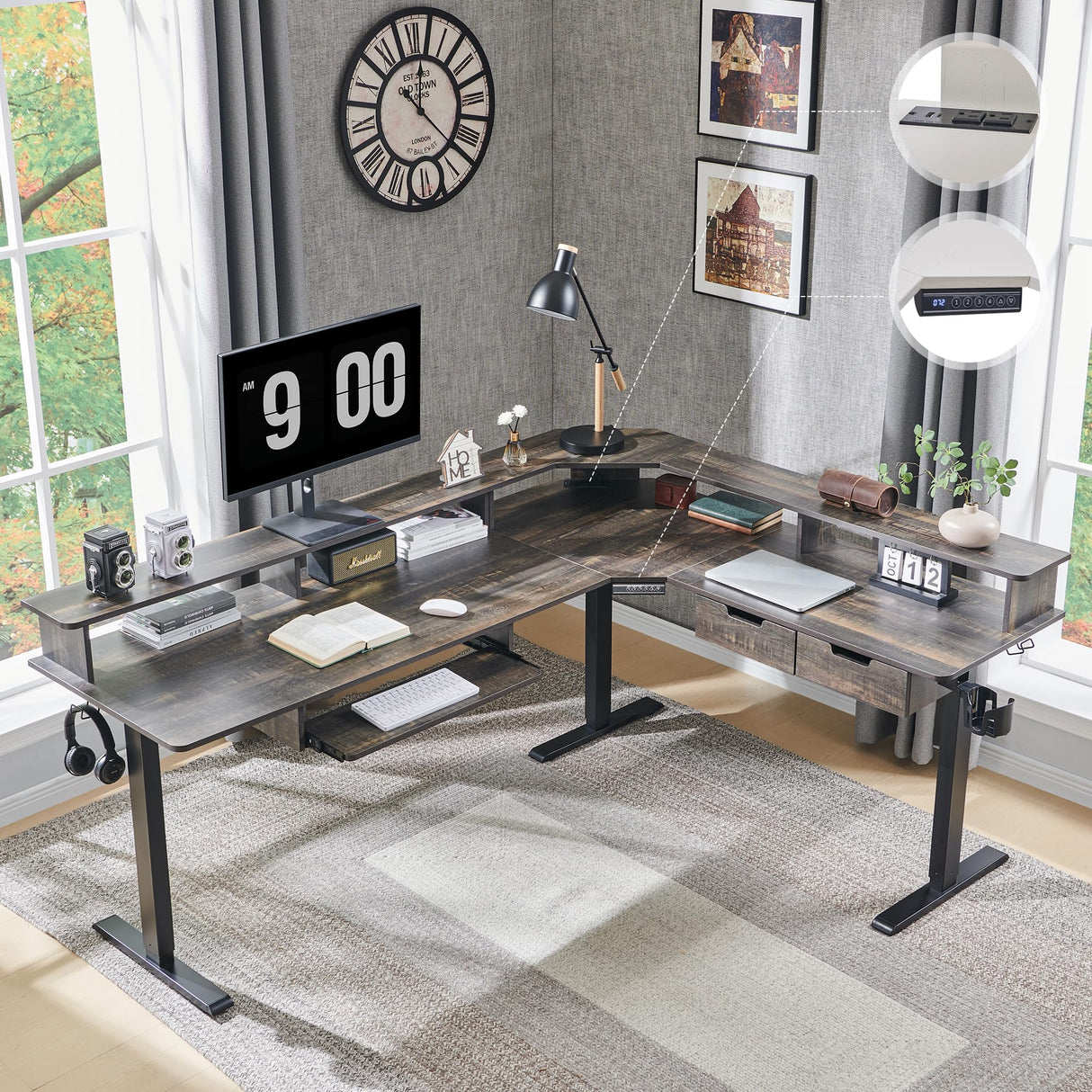 RedLemon 75X60 Inches L Shaped Electric Standing Desk,Height Adjustable Corner Gaming Desk with Drawers, Keyboard Tray, Power Outlets & LED Lights, Computer Desk with Monitor Shelf, Dark Rustic Oak RedLemon