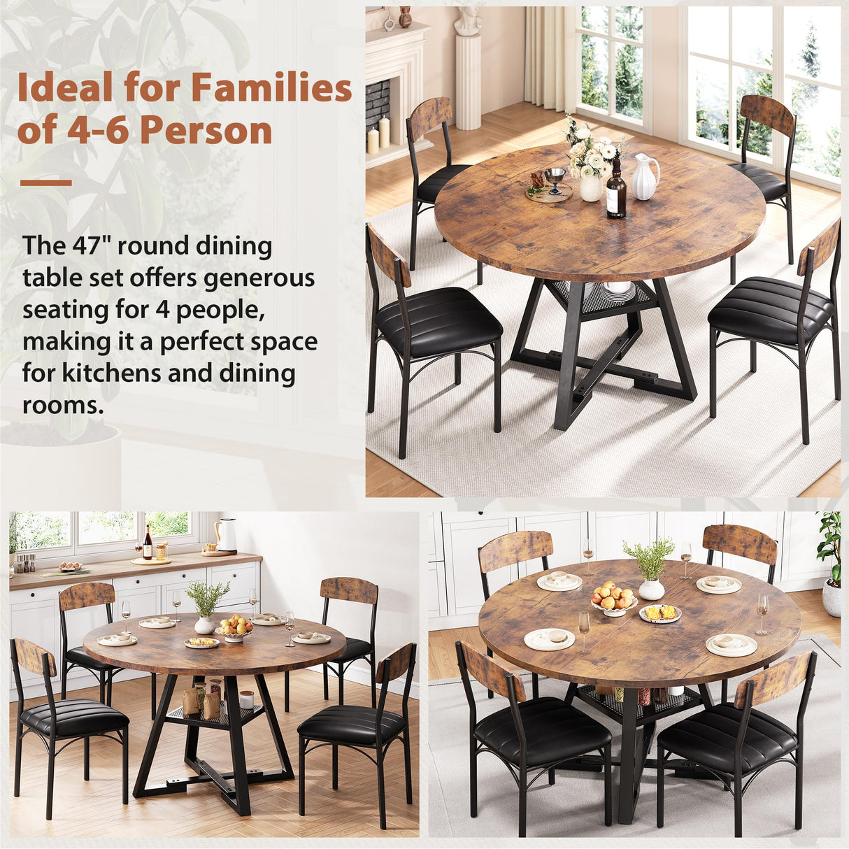 Round Dining Table Set for 4, Kitchen Table and Chairs for 4, Circle Table Round Pedestal Dining Room Dinner Dinette Table Set,5 Piece Space Saving Wood Kitchen & Dining Room Tables (Vintage, 42In) Jocoevol