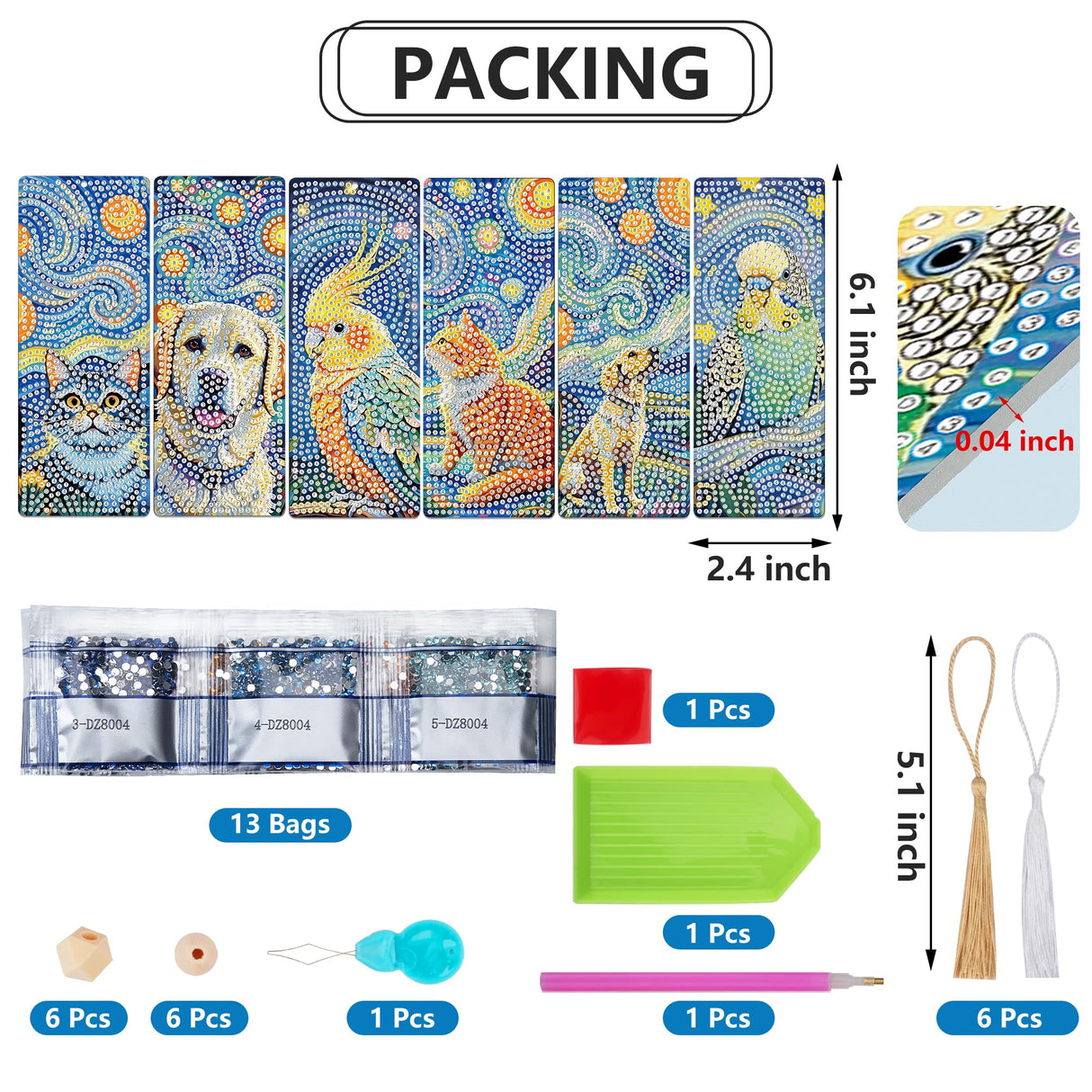 SWATOM 6 Pcs 5D Diamond Painting Bookmarks Starry Night & Animals Acrylic Diamond Art Bookmark with DIY Painting Kits Tassels & Wood Beads Pendant Rhinestone Bookmarks SWATOM