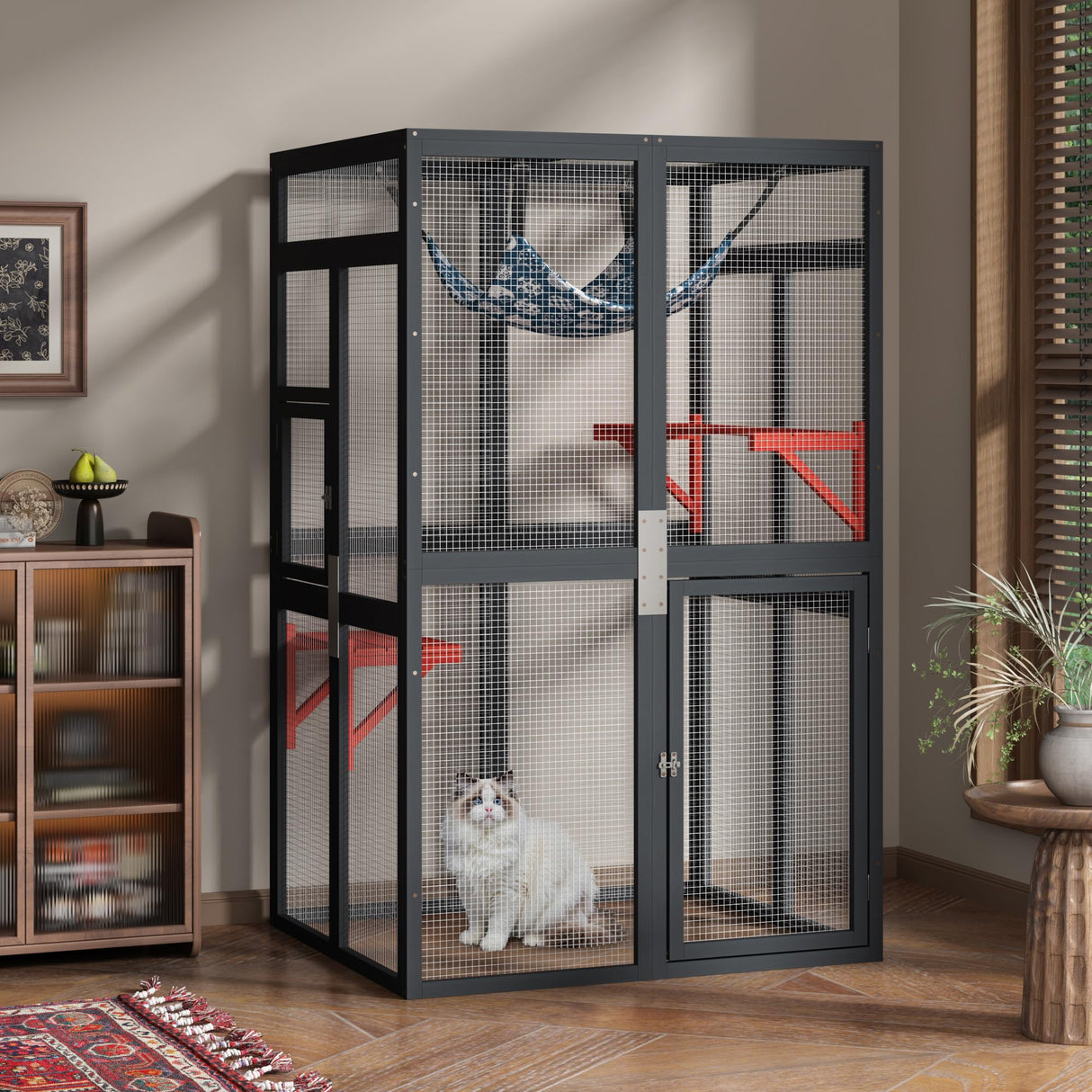 COZIWOW Upgraded Catio Outdoor Cat Enclosure Window Access, Wooden Catio for Cats Outdoor Patio Garden(Black) COZIWOW