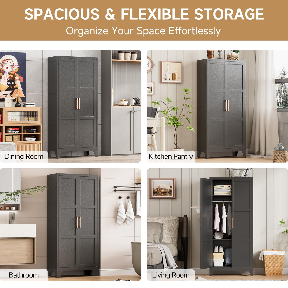 71" Metal Wardrobe Cabinet with Hanging Rod, Metal Clothing Storage Cabinets with 2 Doors and Adjustable Shelves, Armoire Wardrobe Closet for Bedroom, Laundry Room, Cloak Room, Black Bestoo