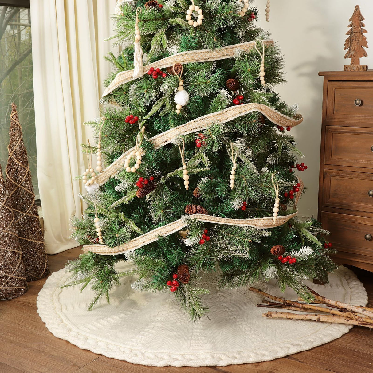 LimBridge Knitted Christmas Tree Skirt: 48 Inches Cream White Tree Skirt, Braided Cable Knit Thick Rustic Christmas Tree Decorations, Farmhouse Christmas Decor Xmas Holiday Home Party Decorations LimBridge