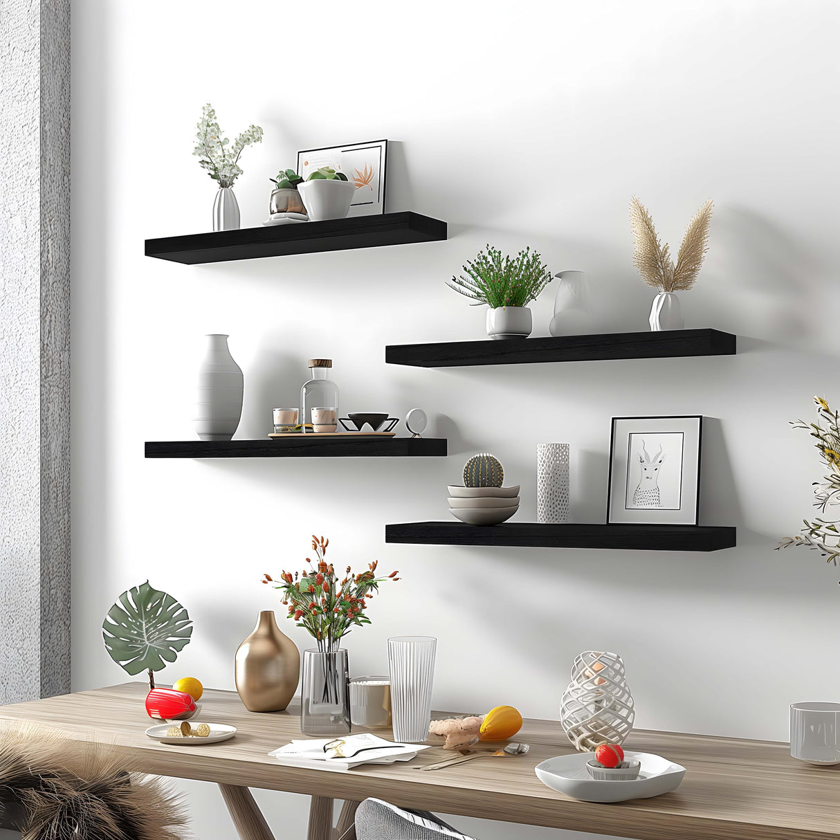 GXYAWPJ Wood Floating Shelves for Wall, Rustic Black Wall Shelves for Bedroom, Set of 4 GXYAWPJ