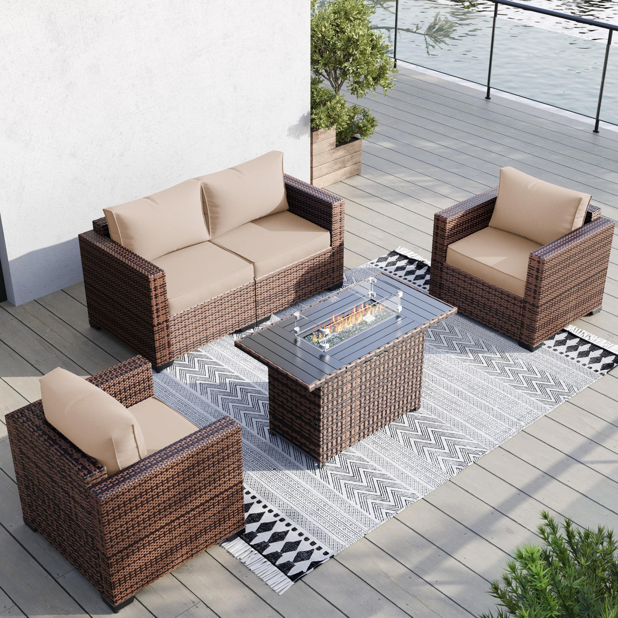 UDPATIO Patio Furniture Set with Fire Pit Table, 4 Pieces Outdoor Furniture Sets, Wicker Rattan Patio Conversation Sets with Outdoor Sofa Waterproof Covers for Porch Deck Backyard, Khaki UDPATIO