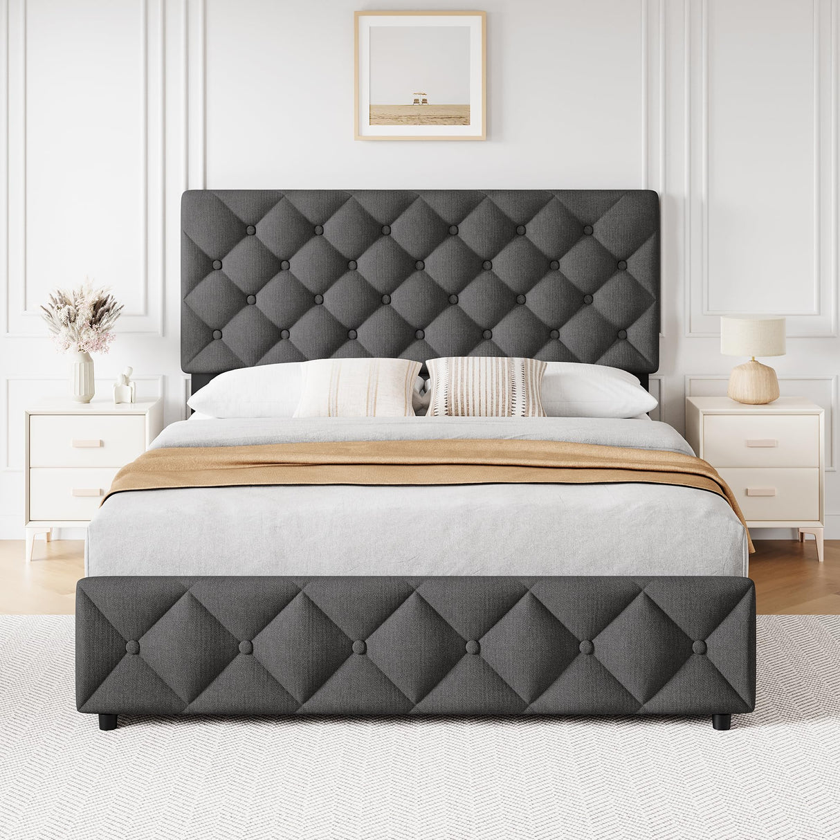 GAOMON Queen Size Bed Frame with 4 Storage Drawers and Headboard, Linen Upholstered Platform Bed Frame, Diamond Stitched Button Tufted, No Box Spring Needed, Dark Grey GAOMON