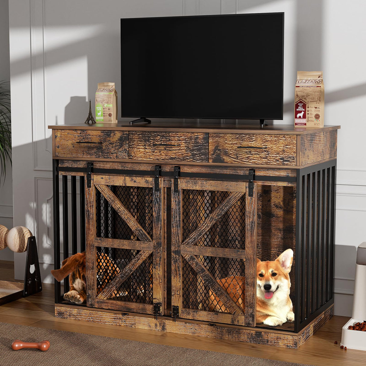 kepptory 48'' Dog Crate Furniture with Removable Divider & Storage Drawers, Wooden Double Dog Cage TV Stand with 2 Sliding Barn Doors, Multi-Functional Dog Crate End Table for Indoor use (Retro Brown) kepptory