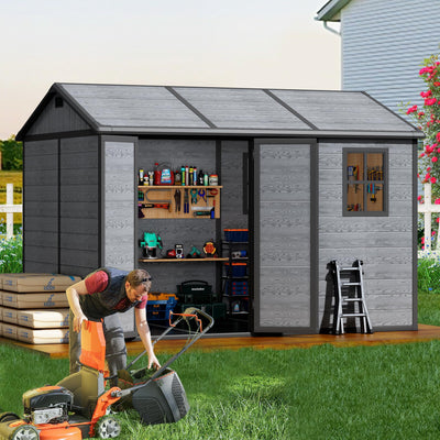 10x8 FT Resin Outdoor Storage Shed with Floor, Weather-Resistant Plastic Garden Shed with Windows, Lockable Door and Vents, Outside Tool Storage Sheds for Backyard, Garden, Lawn, Wood Grain