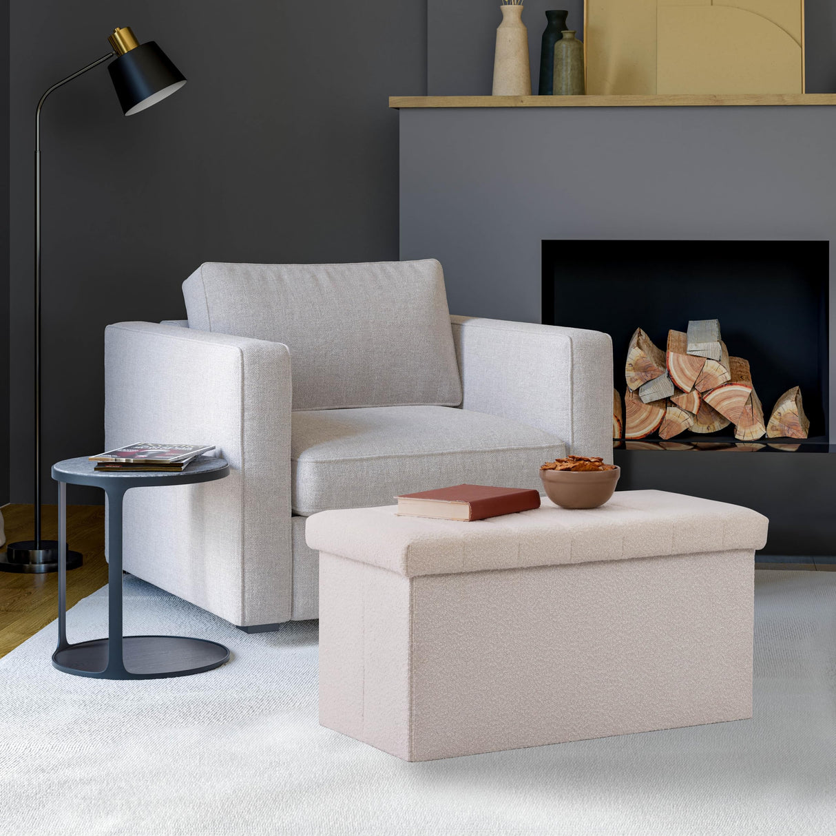 Seville Classics Cushioned Fabric Ottoman Hidden Storage Chest Footrest Chair, Padded Seat for Bedroom, Dorm, Loft, Living Room, Entryway, Hallway, White Boucle, 30" Bench Seville Classics