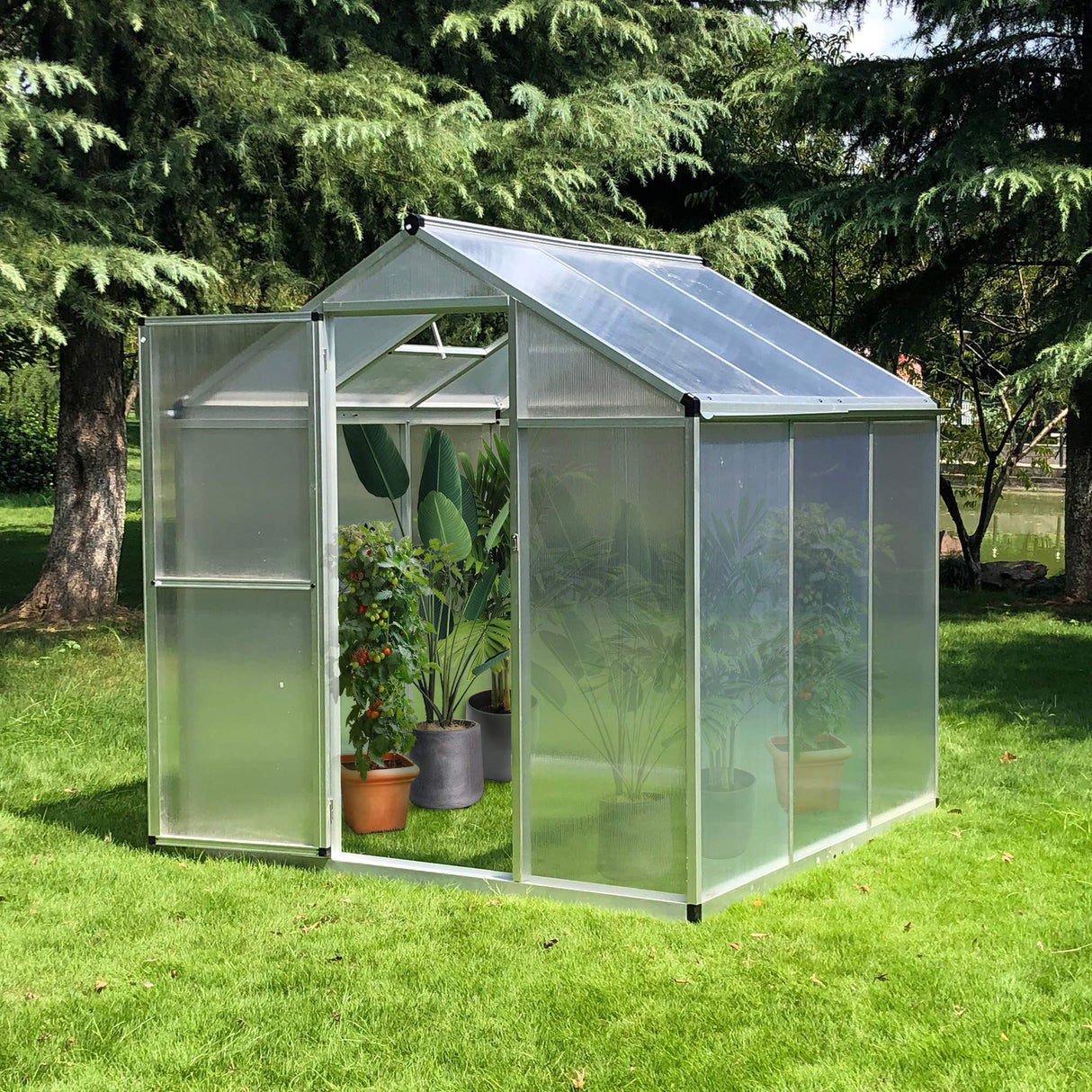 Outsunny 6' x 6' Walk-in Polycarbonate Greenhouse with Roof Vent for Ventilation & Rain Gutter, Heavy Duty Aluminum Green House, Hobby Greenhouse for Winter Outsunny