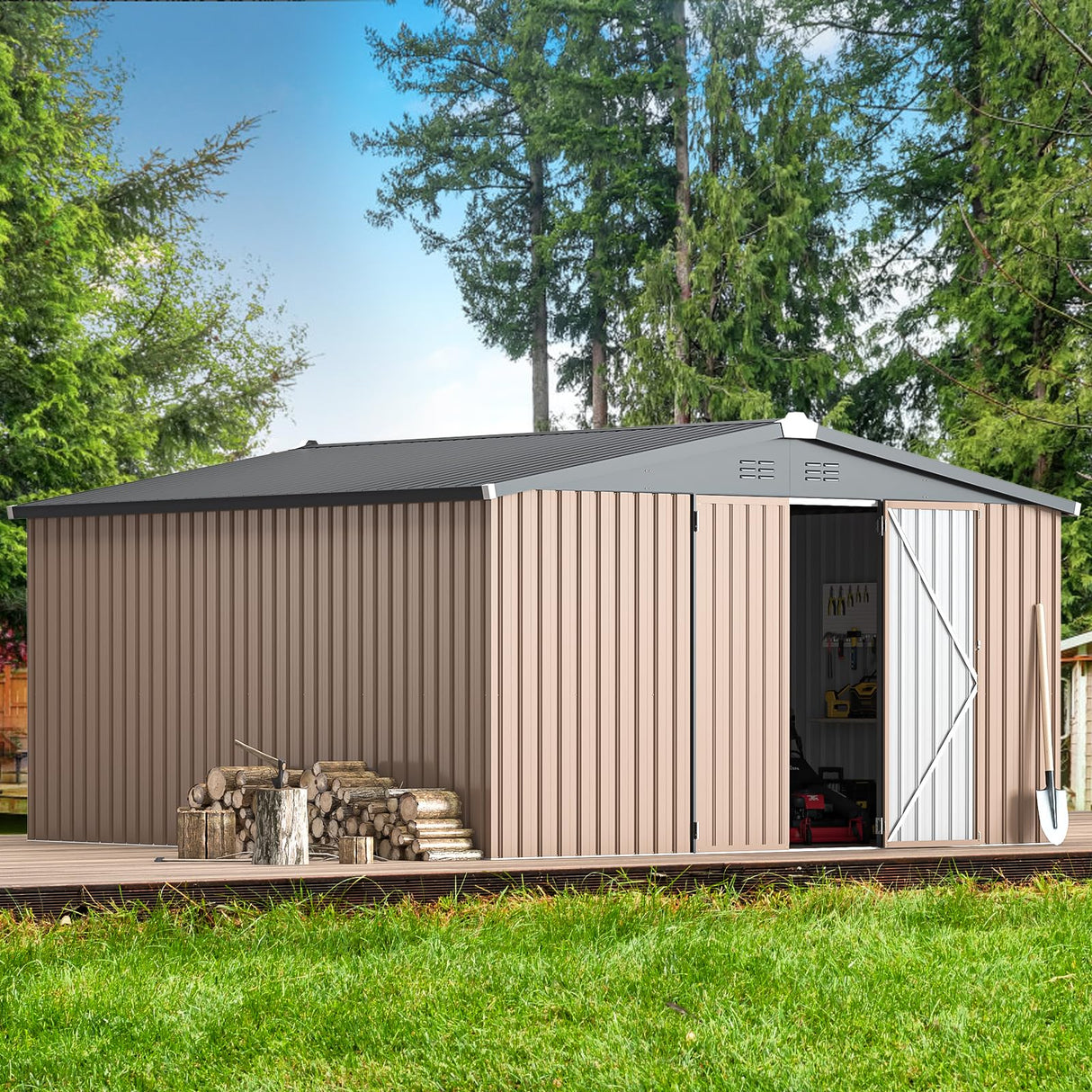 AECOJOY 12' x 12' Shed Metal, Outdoor Storage Sheds & Outdoor Storage 12' x 12' with Lockable Doors, Large Steel Yard Shed, Utility and Tool Storage for Garden, Backyard, Patio, Outside use in Grey AECOJOY