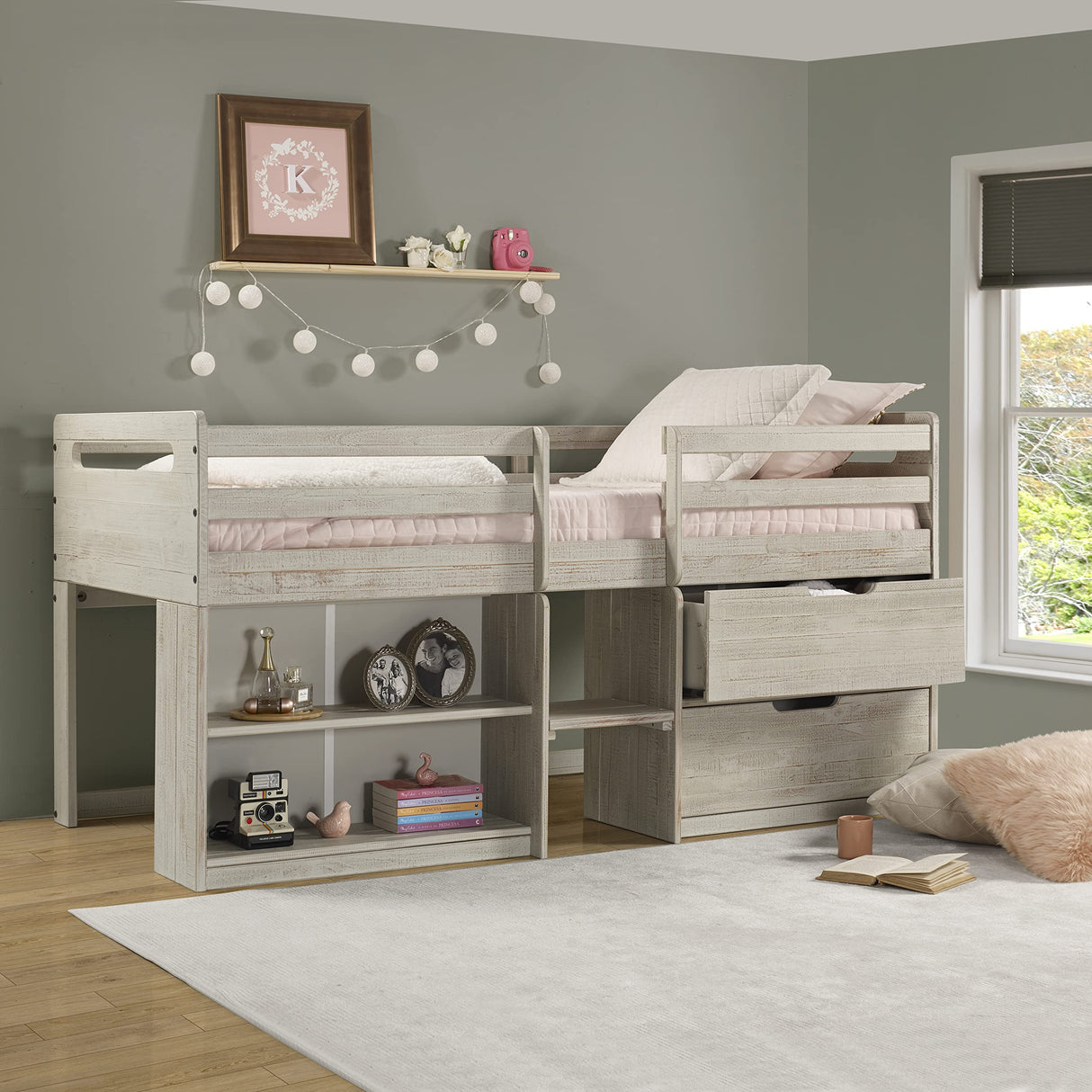 Donco Kids Twin Low Loft Bed with Bookcase and Storage Chest, Twin, Rustic Light Grey Donco Kids