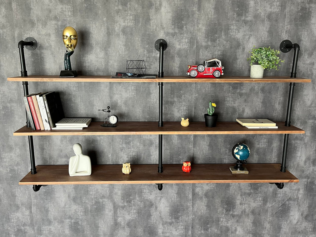 HDDFER Floating Shelves 70 inch Wall Bookshelf Industrial Pipe Shelving Shelves Real Wood Planks Rustic Wall Shelves Hanging Bookshelves Farmhouse Kitchen Bar Shelving HDDFER