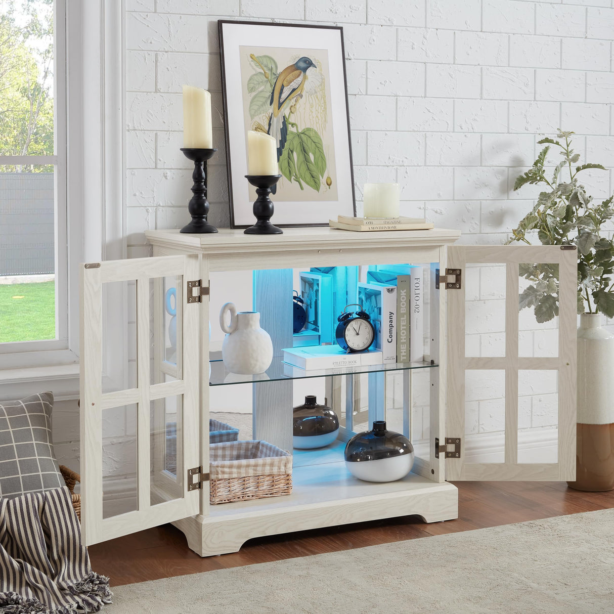 KEIKI Curio Cabinet, Lighted Glass Display Cabinet w/ 2 Glass Doors & Adjustable Shelves, Lighted Showcase with LED Light Strip, White KEIKI