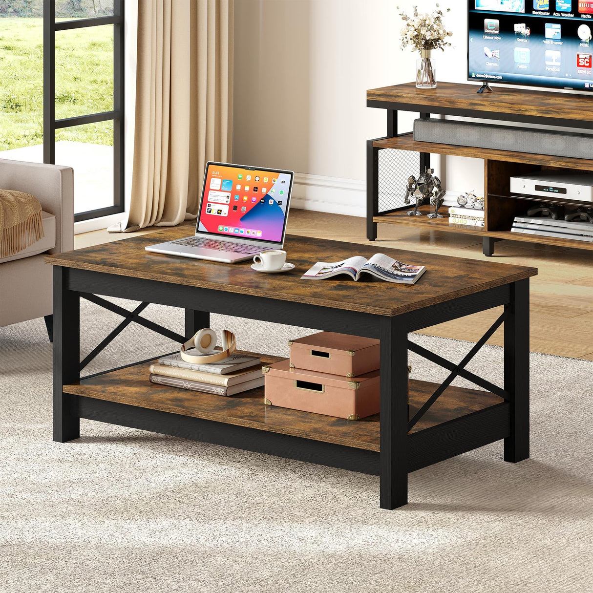 YITAHOME Coffee Table for Living Room,Modern Farmhouse Coffee Table with Storage,2-Tier Center Table for Living Room Wood Living Room Table Accent Cocktail with Sturdy Frame,Rustic Brown YITAHOME