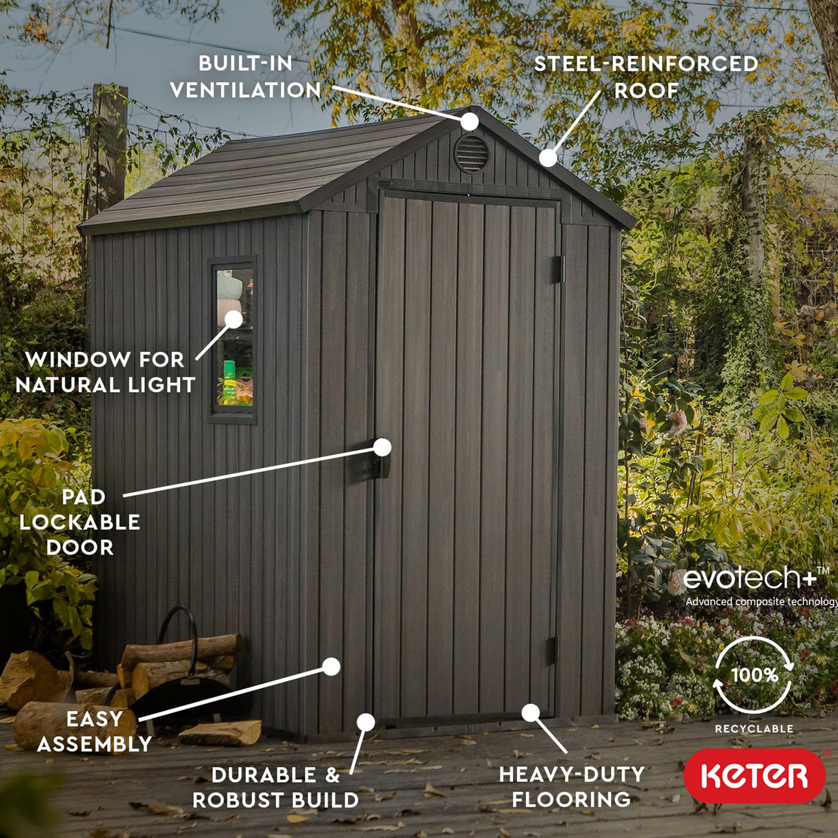 Keter Darwin 4 Ft x 6 Ft Outdoor Garden Tool Storage Shed Durable Resin Organizer with Window, Lockable Door and Built-in Ventilation, Graphite Gray Keter